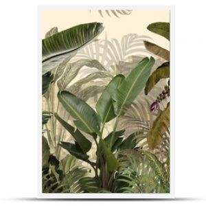 Tropical plants wallpaper design, Jungle background, big leaf and bird, back yard, landscape, mural art.