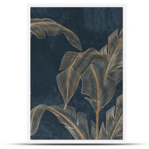 Abstract luxury art background with tropical palm leaves in blue and green colors with golden art line style. Botanical banner with exotic plants for wallpaper design, decor, print, textile