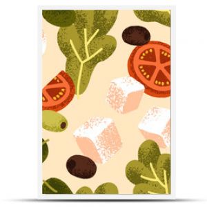 Seamless vegetable salad pattern. Fresh lettuce, olive, tomato and feta. Mediterranean cuisine, endless background, repeating print. Healthy ingredients, Italian kitchen. Flat vector illustration