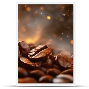 Freshly roasted coffee beans emitting steam and glowing sparks, evoking warmth and aroma.