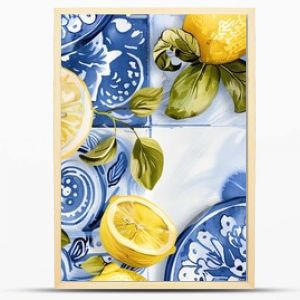 A seamless pattern of lemons and blue and white tiles. The lemons are yellow and have green leaves. The tiles are blue and white and have a floral design.