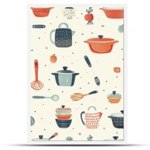 A detailed drawing of a toy kitchen set, with pots, pans, and utensils, inviting children to explore the joys of cooking and pretend play. Minimal pattern banner wallpaper, simple background,