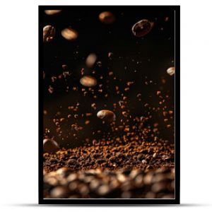 flying coffee beans in dark background