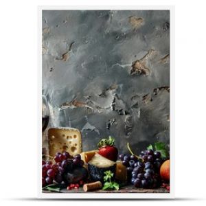 Rustic still life with wine, cheese, grapes, and assorted fruits displayed on a wooden table against a textured wall.