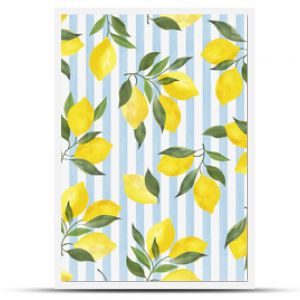 Lemon summer pattern on blue stripes background