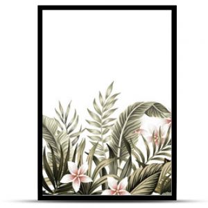 Tropical vintage botanical palm leaves, banana leaves, plant floral, plumeria flower seamless border white background. Exotic green jungle wallpaper.