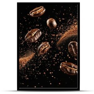 Dynamic coffee beans in mid-air with swirling ground coffee on a black background capturing energy motion and the essence of fresh brew