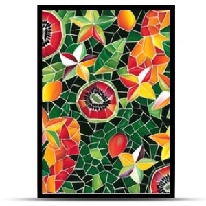 A colorful mosaic pattern of tropical fruits like guava, starfruit, and papaya, arranged in a dynamic, repeating design on a dark green background