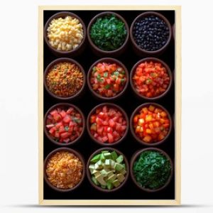 colorful spices, legumes, and foods in small bowls on a black surface