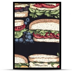 Seamless hand drawn pattern of sandwich borders featuring various ingredients perfect for culinary design and packaging