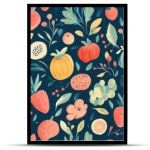 A vibrant floral pattern featuring assorted fruits and foliage against a dark background, ideal for textile and wallpaper designs.