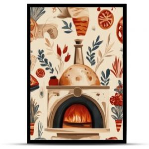 A repeating design of vintage-style pizza ovens, dough, and toppings like pepperoni and mozzarella, arranged in an artistic retro pattern with warm, inviting colors."