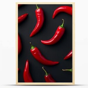 Top view of red chili peppers pattern on a black background resembling a chili wallpaper