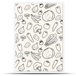 食品・食材・野菜の手書き線画のベクターシームレス背景 Vector seamless backgrounds of hand-drawn and line drawings of food, ingredients and vegetables.