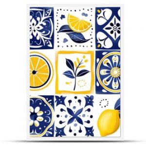 A seamless pattern of hand-painted ceramic tiles featuring lemons and Mediterranean motifs.