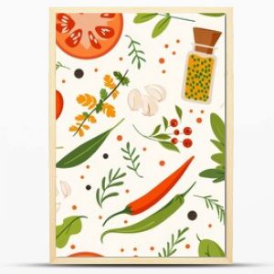 Flat design of kitchen ingredients like herbs and spices in a seamless pattern for culinary themes.