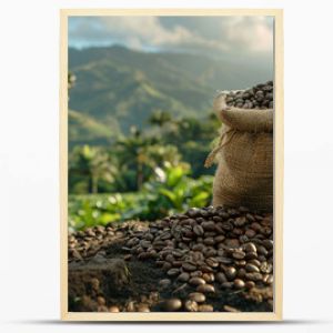 Coffee bean bag in focus. A high-quality photo of a coffee bean bag with a blurred coffee plantation background.