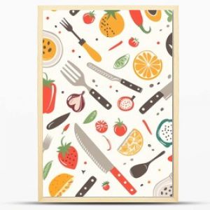 Flat design of kitchen utensils and food items in a seamless pattern, ideal for culinary themes.