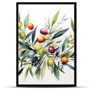 Watercolor painting of olive branches with green, purple, and orange olives.