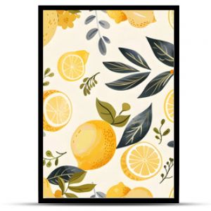 A seamless pattern featuring hand-drawn lemons and green leaves with a touch of yellow berries, creating a fresh and vibrant design. Perfect for summer-themed projects, backgrounds, and culinary desig