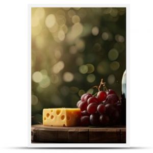 Elegant still life with wine bottle, cheese, grapes, and fruit on wooden board in natural light.