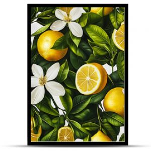 Seamless botanical pattern featuring vibrant yellow lemons with rich green leaves and delicate white blossoms, ideal for fabric prints, wallpaper, and home decor designs