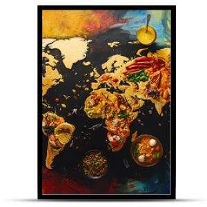 background with a world food map, showcasing different cuisines represented by their respective countries, in a colourful, layout