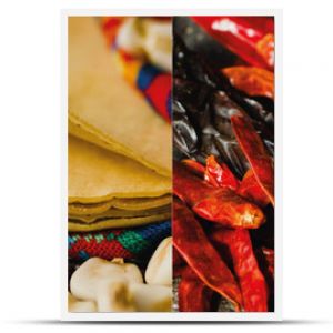 Mexican food: Collage of typical dishes of Mexico including tacos, guacamole, chocolate, birria, chili, tortilla and bacalao a la vizcaina