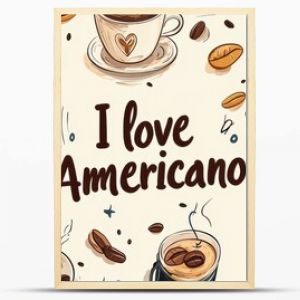 Seamless pattern featuring coffee cups, beans, and the phrase 'I love Americano' in an artistic style