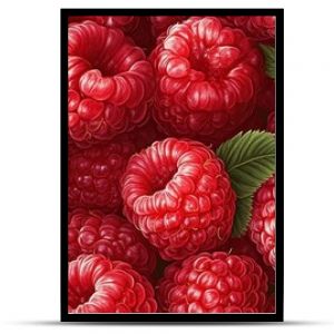 Vibrant raspberry pattern with juicy red berries and green leaves for creative design.