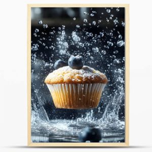 A Close-up of a Blueberry Muffin Suspended in Mid-Air, Surrounded by Water Droplets and Powdered Sugar, with a Blurred Background of a Kitchen