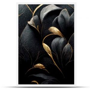 Black and gold, luxury background, floral shapes, black silk texture with golden motifs, 4k abstract luxurious design, 3D render, 3D illustration