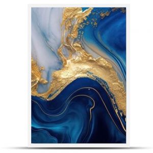 Abstract blue marble texture with gold splashes, blue luxury background