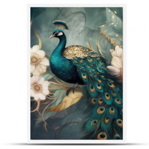 modern interior mural painting wall art decor abstraction wallpaper with white, dark green and golden tropical palm leaf branches and flowers with feathers peacock bird 