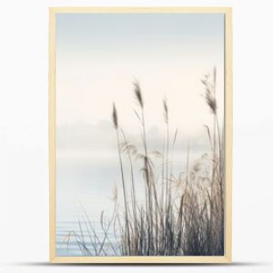 Beautiful serene nature scene with river reeds fog and water