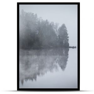 Mystischer Nebel vor einer Insel in einem See mit vielen dunklen Bäumen