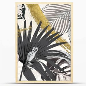 Luxury tropical palm tree and  summer background vector with golden metallic home decorate wall art