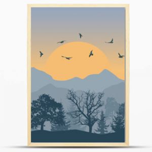 Beautiful forest on background of mountains and sunset and flying birds, silhouettes. Vector illustration