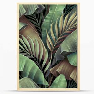 Tropical seamless pattern with beautiful palm, banana leaves. Hand-drawn vintage 3D illustration. Glamorous exotic abstract background design. Good for luxury wallpapers, cloth, fabric printing, goods