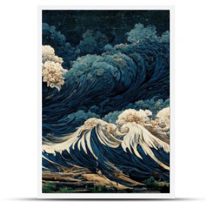 Japanese illustration of great ocean waves as wallpaper