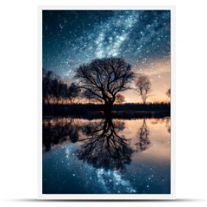 starry sky, with trees Silhouette in the horizon