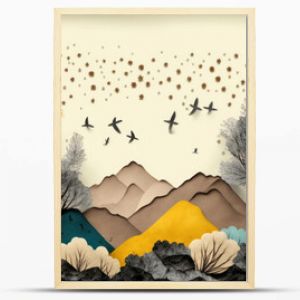 Brown trees with golden flowers and turquoise, black and gray mountains in light yellow background with white clouds and birds. 3d illustration wallpaper landscape art