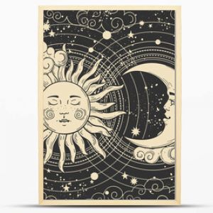 Magical banner for astrology, celestial alchemy. Heavenly art for the zodiac, tarot, device of the universe, crescent moon with a face, clouds, sun with the moon on a black background. Esoteric vector