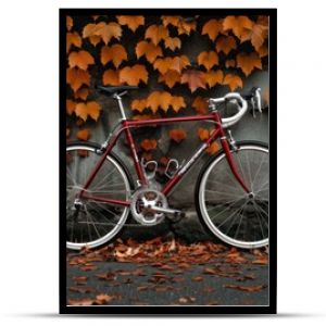 Rustic Bicycle Against Brick Wall With Autumn Leaves