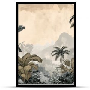 Old retro wallpaper of a lush jungle landscape.