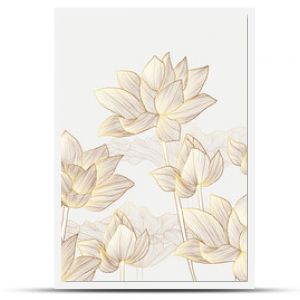 Luxury wallpaper design with Golden lotus and natural background. Lotus line arts design for wall arts, fabric, prints and background texture, Vector illustration.