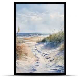 Realistic Sea beach background in watercolor style pink, blue beige pastel color, muted tones. Painting of sand dunes, path with foot step & sea. Sea side art banner with copy space.