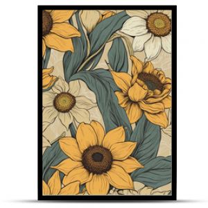 Timeless Botanical Charm: Sunflowers and Daffodils in a Vintage Floral Pattern