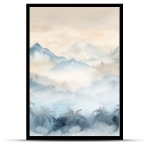 Serene watercolor landscape of misty mountains and palm trees with soft, muted tones, creating a peaceful and tranquil scene.