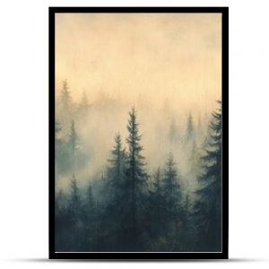 Vintage-inspired misty landscape, with a dense fir forest under a soft haze, evoking a sense of mystery and nostalgia.